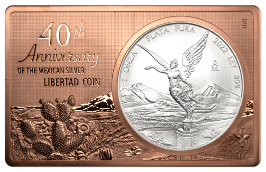 2022 Mexican Libertad 2 oz Copper & 1 oz Silver Coin Bar 40th Anniversary