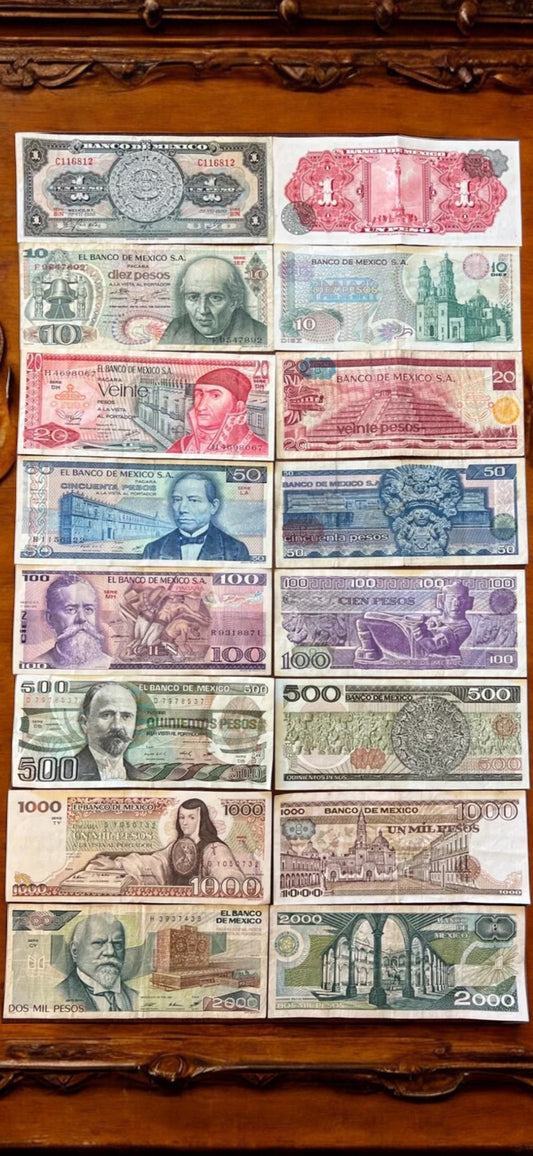 LOT of 8 MEXICO PESO BANKNOTES SERIES 1,10,20,50,100,500,1000,2000 MEXICO Bill 8