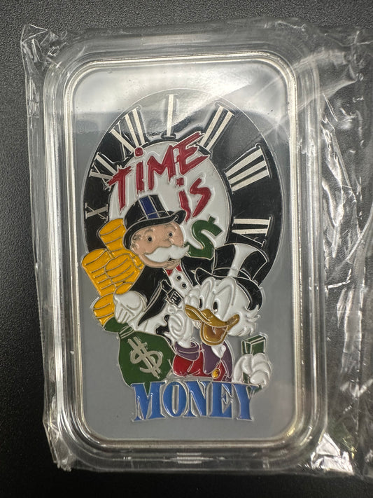 Time is Money Monopoly Scrooge 1 oz Proof Like Enameled Silver Bar