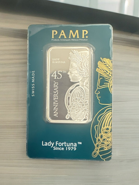 1 ounce Silver Bar - Lady Fortuna 45th Anniversary