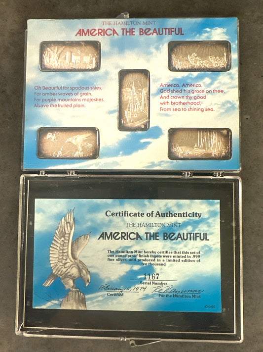 1974 THE HAMILITON MINT AMERICA THE BEAUTIFUL SET 5 - 1OZ. .999 BARS TONED WITH COA