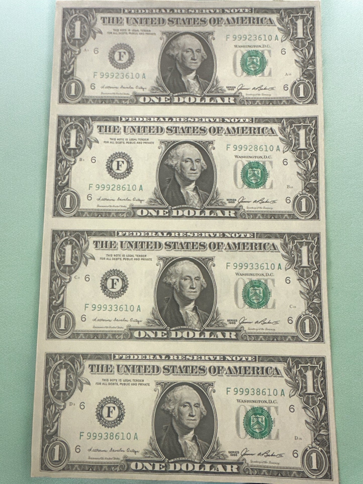 1985 US Bureau Of Engraving & Printing 4 Uncut $1 Bills With Folder