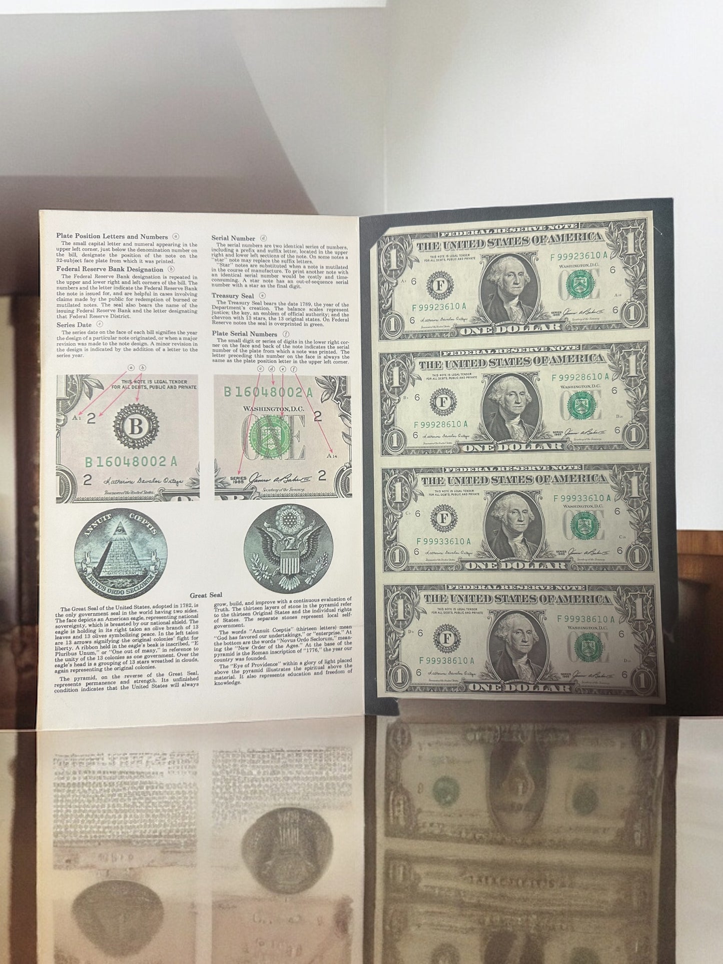 1985 US Bureau Of Engraving & Printing 4 Uncut $1 Bills With Folder