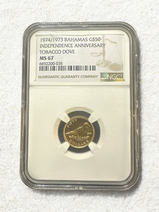 1974/1973 BAHAMAS G$50 INDEPENDENCE ANNNIVERSARY TOBACCO DOVE MS 67