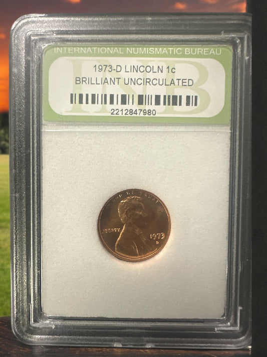 1973-d Lincoln Cent brilliant uncirculated- INB Slabbed