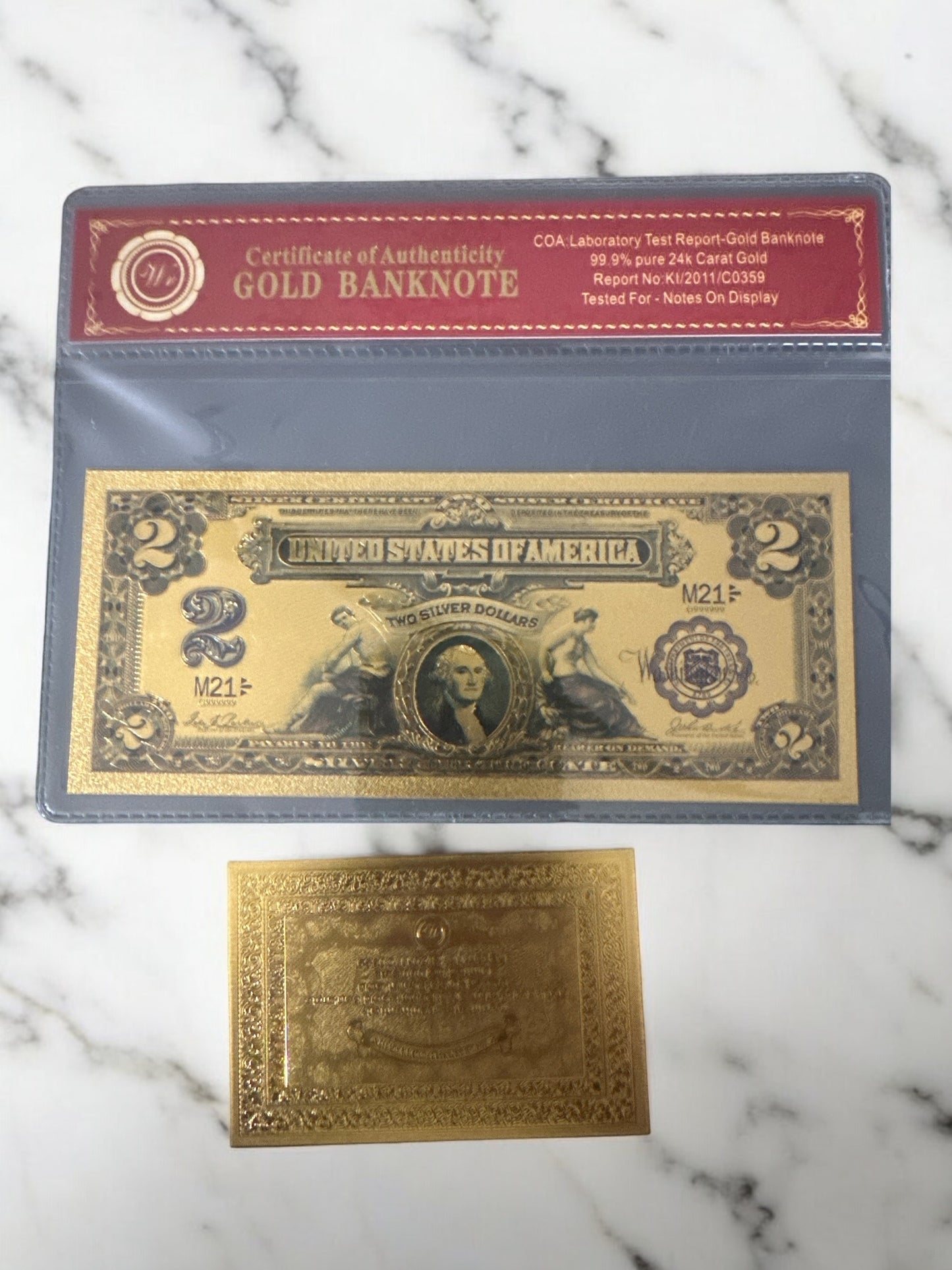 1899 $2 Banknote Collectibla Gold Plated With Frame Bag & COA